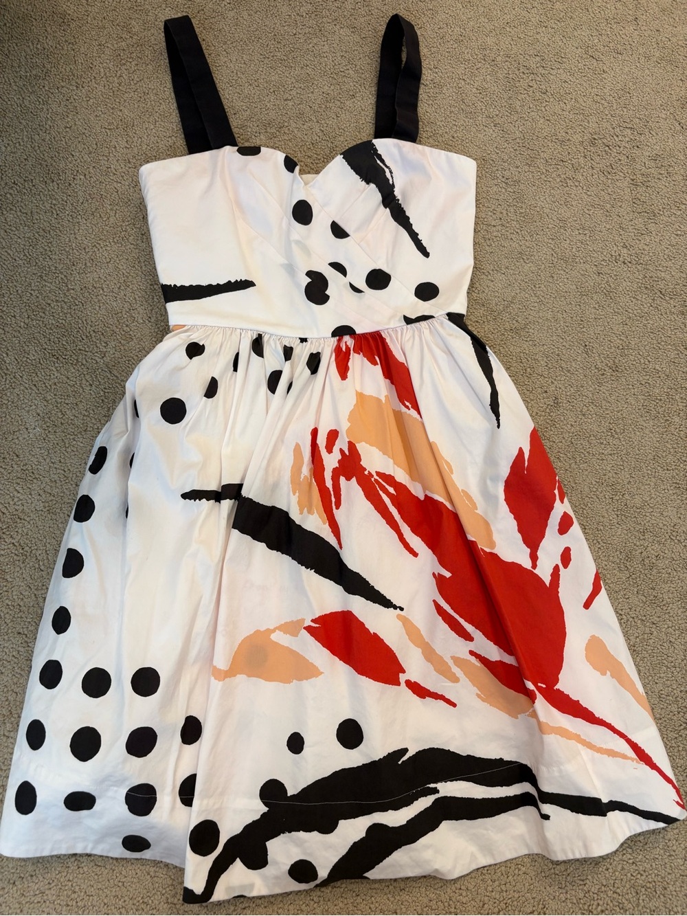 Kids White Sundress with Black Polka Dots and Red-Orange Floral Print